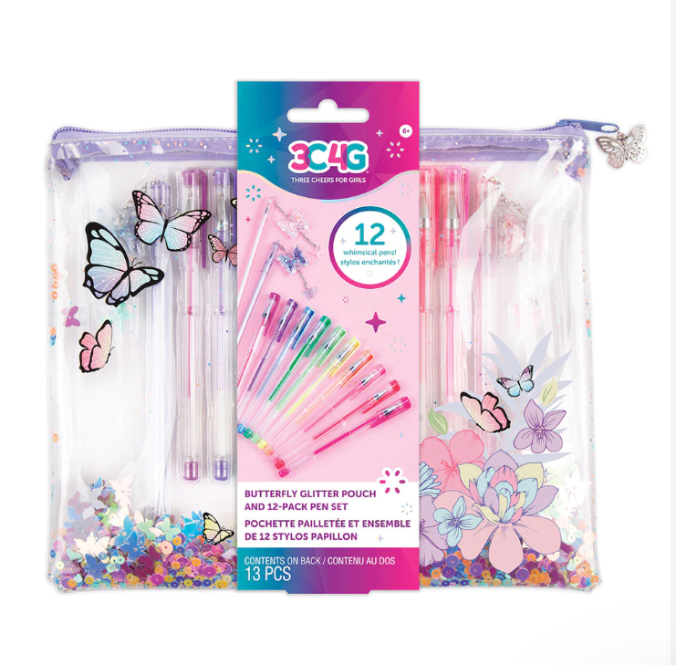 3C4G Butterfly Glitter Pouch and Pen Set 12pk