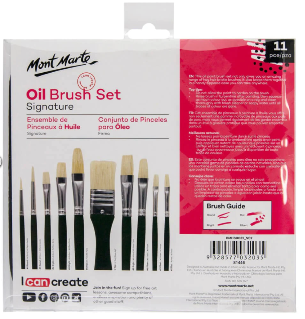 Mont Marte Signature Paint Brush Set - Oil Hog Bristle In Wallet 11pc