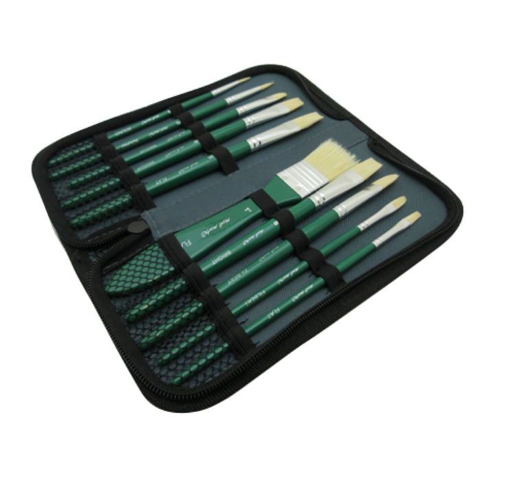 Mont Marte Signature Paint Brush Set - Oil Hog Bristle In Wallet 11pc