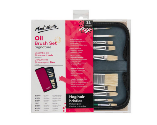 Mont Marte Signature Paint Brush Set - Oil Hog Bristle In Wallet 11pc